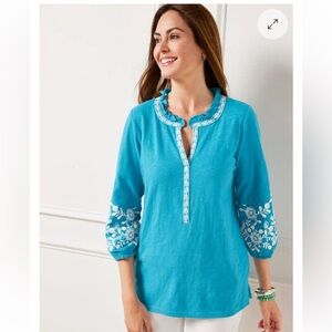 Talbots Turquoise Tunic with White Embroidery